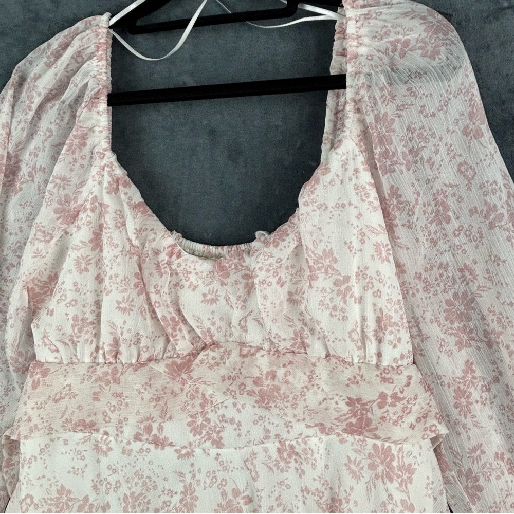 Thirty/Thirty Pink & White ditzy floral pattern Babydoll Dress w/Bishop Sleeves - Picture 2 of 11